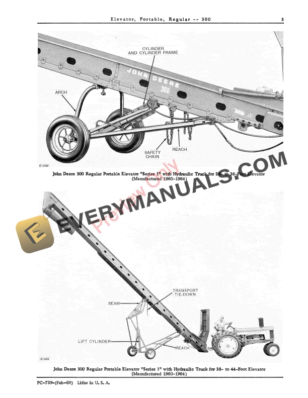 John Deere Regular Portable Elevator – 300 Parts Catalog PC739 01FEB69-5