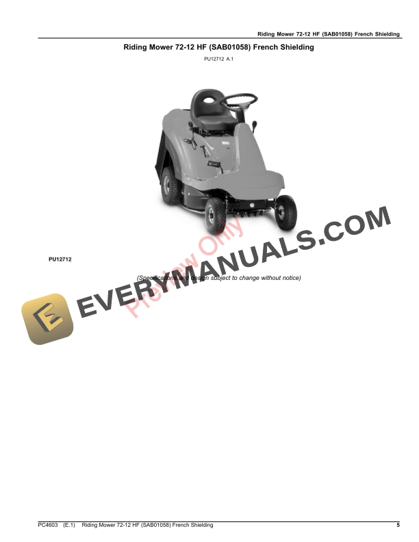 John Deere Riding Mower 72-12 HF (SAB01058) French Shielding Parts Catalog PC4603 16NOV16-5
