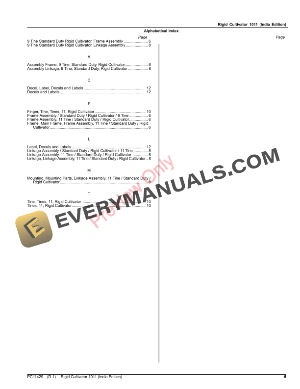 John Deere Rigid Cultivator 1011 Parts Catalog PC11429 24AUG23 5