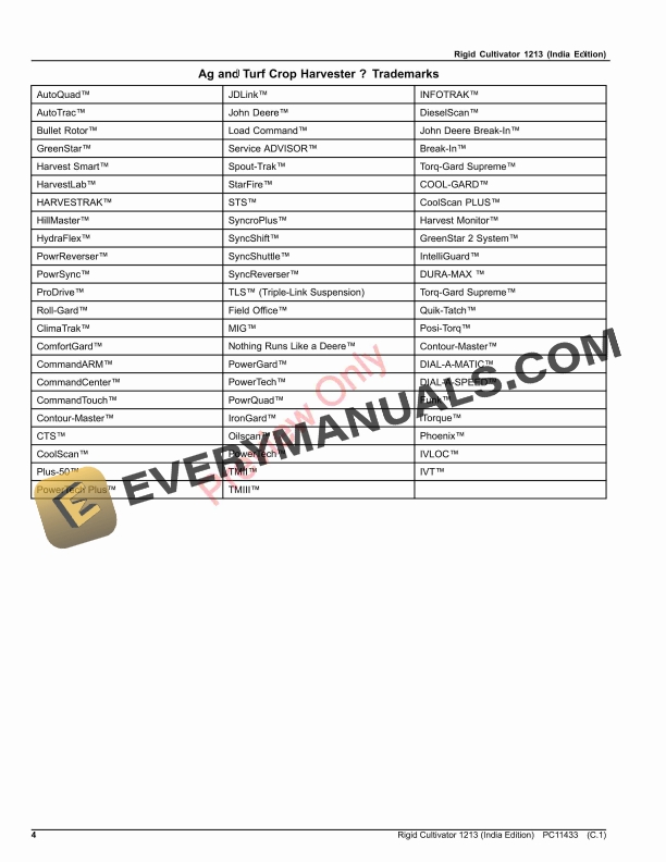 John Deere Rigid Cultivator 1213 Parts Catalog PC11433 30SEP23 4