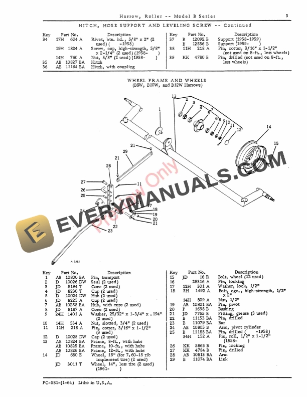 John Deere Roller Harrow – Model ‘B’ Series Parts Catalog PC581 01JAN64-5