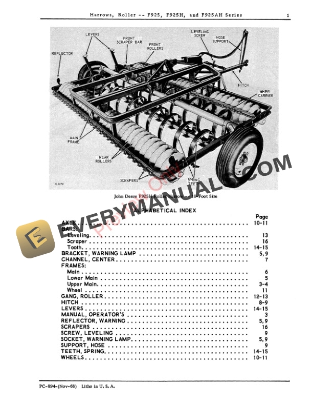 John Deere Roller Harrows – F925, F925H, F925AH Series Parts Catalog PC894 01NOV68-3