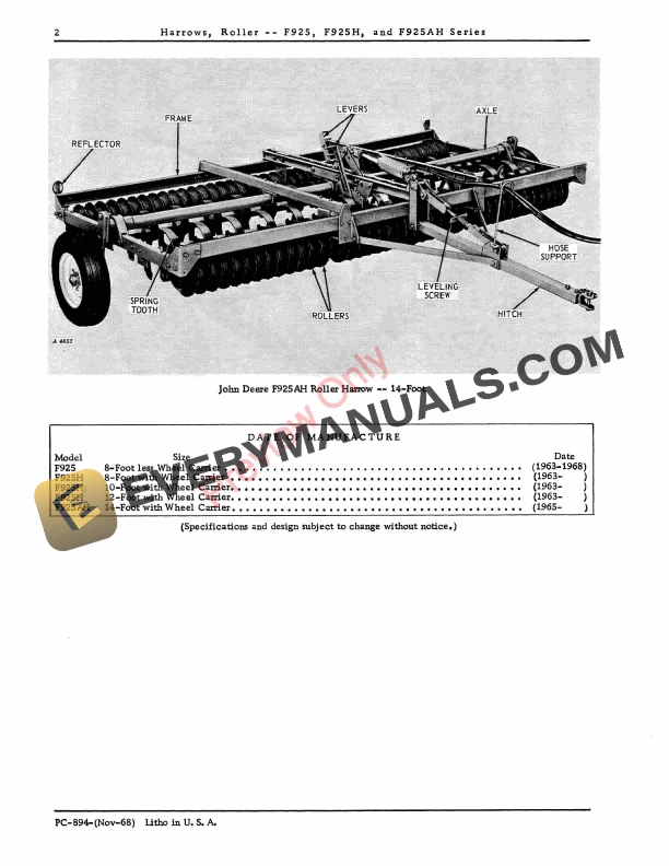 John Deere Roller Harrows – F925, F925H, F925AH Series Parts Catalog PC894 01NOV68-4