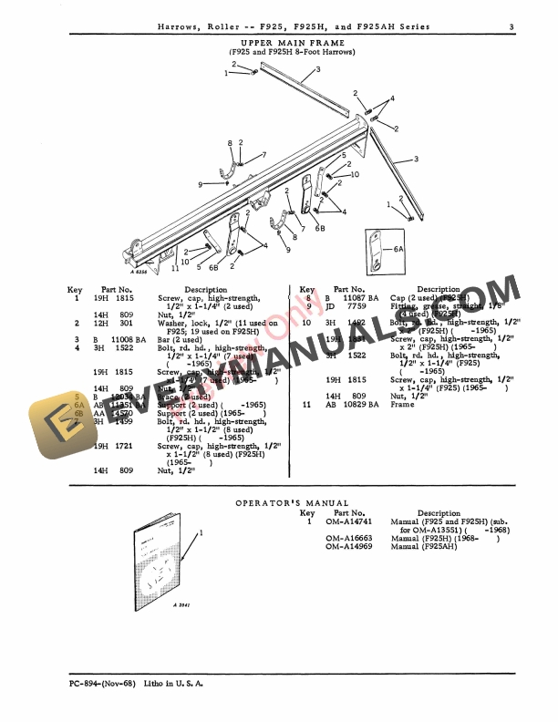 John Deere Roller Harrows – F925, F925H, F925AH Series Parts Catalog PC894 01NOV68-5
