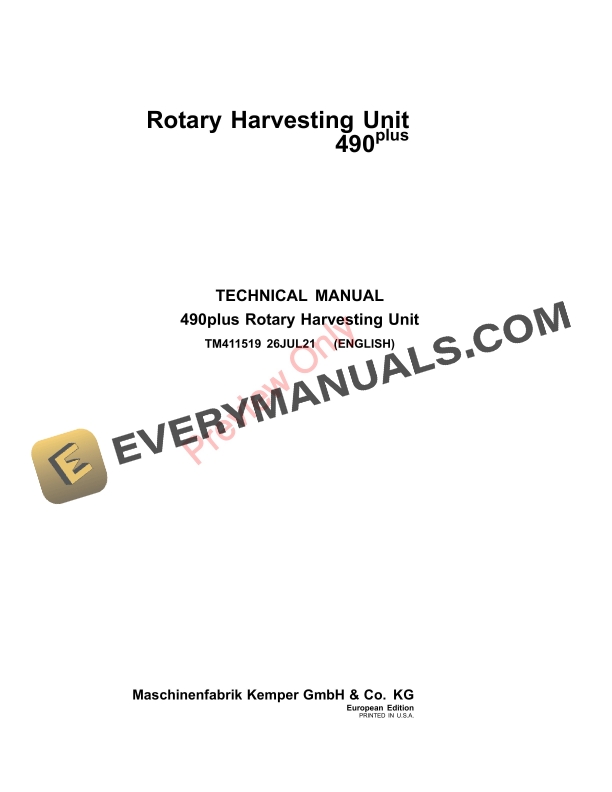 John Deere Rotary Harvesting Unit 490plus Technical Manual TM411519 26JUL21-1