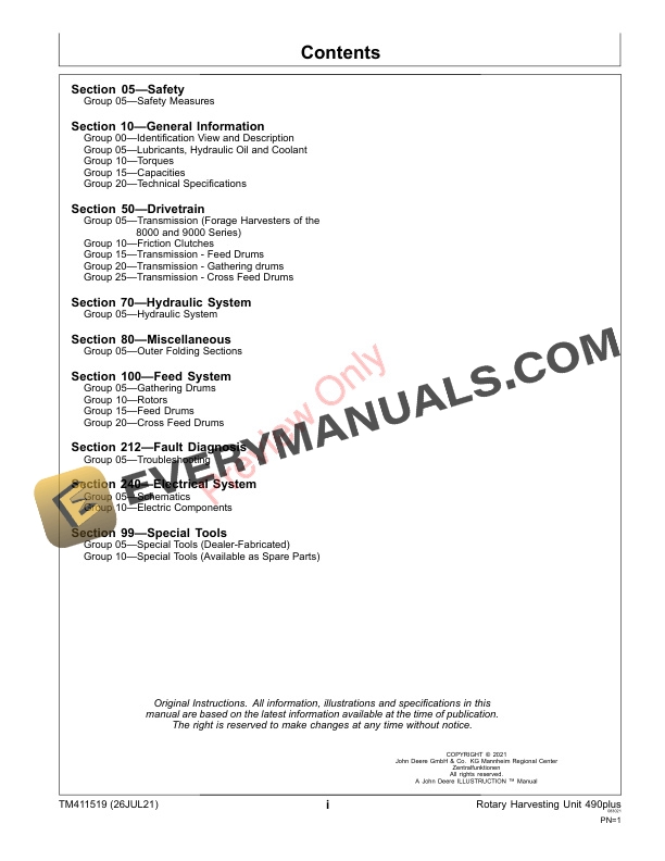 John Deere Rotary Harvesting Unit 490plus Technical Manual TM411519 26JUL21 3