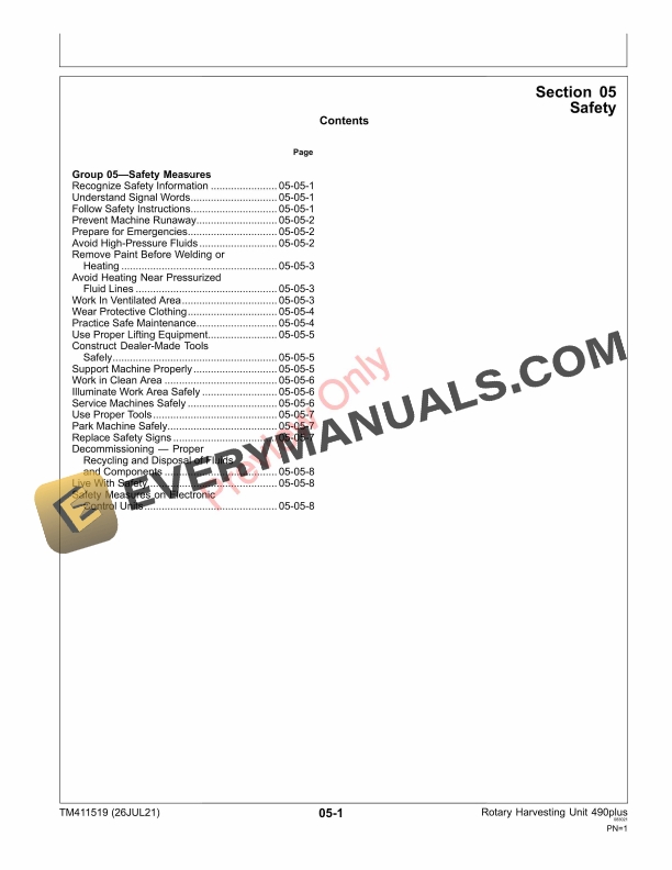John Deere Rotary Harvesting Unit 490plus Technical Manual TM411519 26JUL21 5