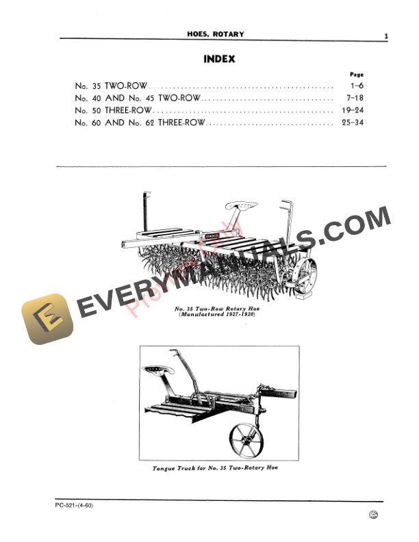 John Deere Rotary Hoes – 35, 40 45, 50, 60, 62 Parts Catalog PC521 01APR60-3