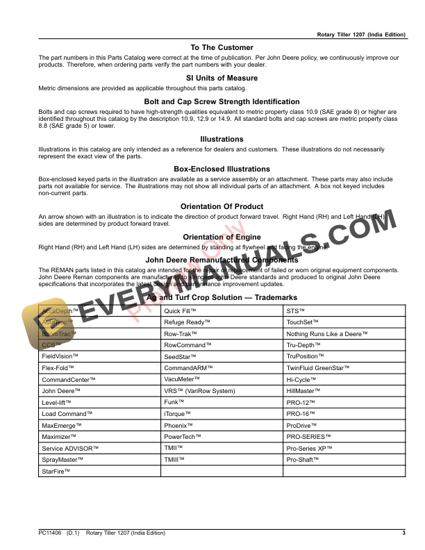 John Deere Rotary Tiller 1207 Parts Catalog PC11406 06APR23 3