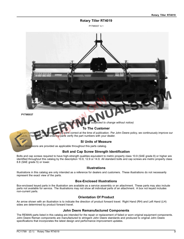 John Deere Rotary Tiller RT4019 Parts Catalog PC11799 12APR21 3