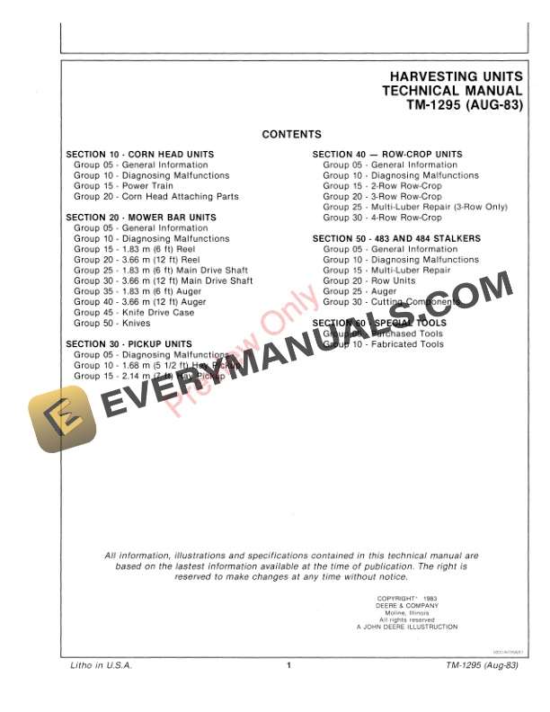 John Deere Row Crop 1 Row 2 Row 3 Row 4 Row Technical Manual TM1295 01AUG83 3