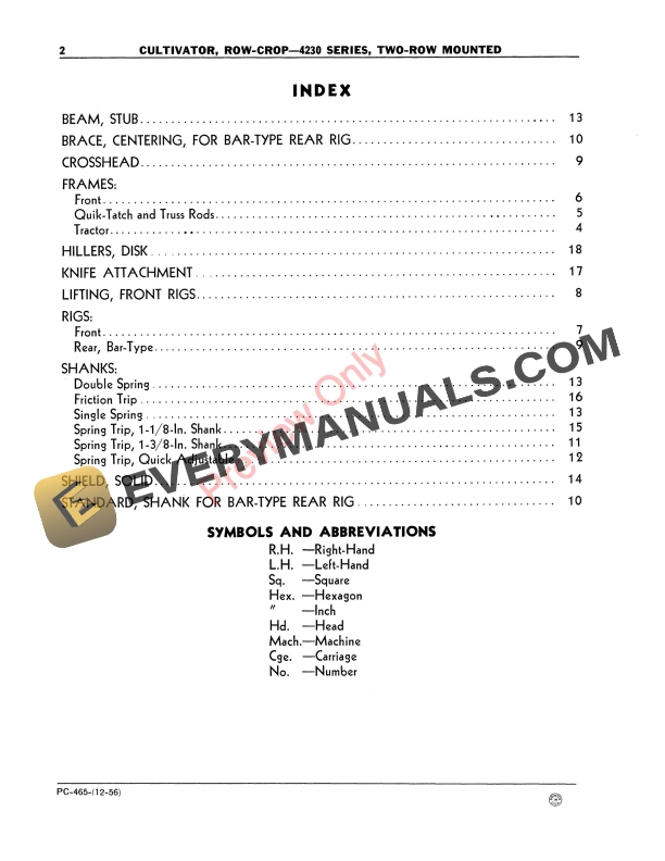 John Deere Row-Crop Cultivator – 4230 Series Parts Catalog PC465 01DEC56-4