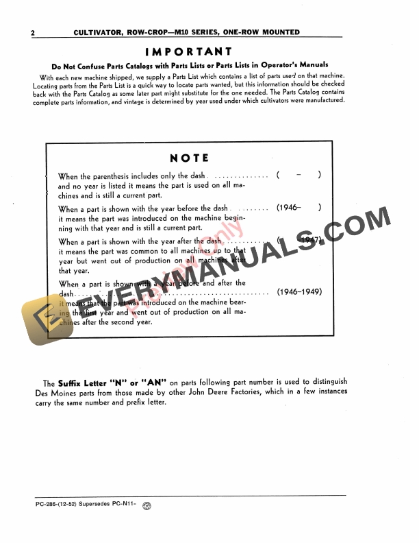 John Deere Row Crop Cultivator – M10 Series (One-Row Mounted) Parts Catalog PC286 01DEC52-4