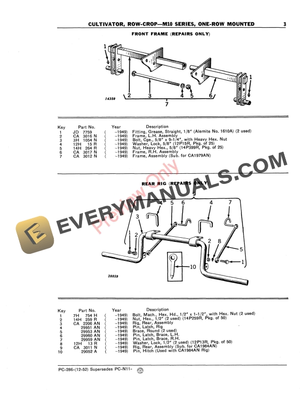 John Deere Row Crop Cultivator – M10 Series (One-Row Mounted) Parts Catalog PC286 01DEC52-5