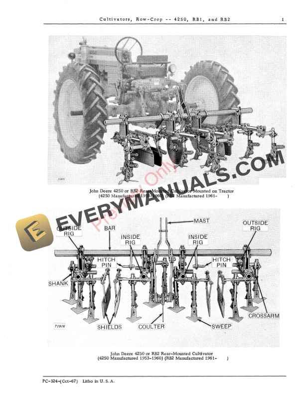John Deere Row-Crop Cultivators – 4250, RB1, RB2 Parts Catalog PC324 01OCT67-3