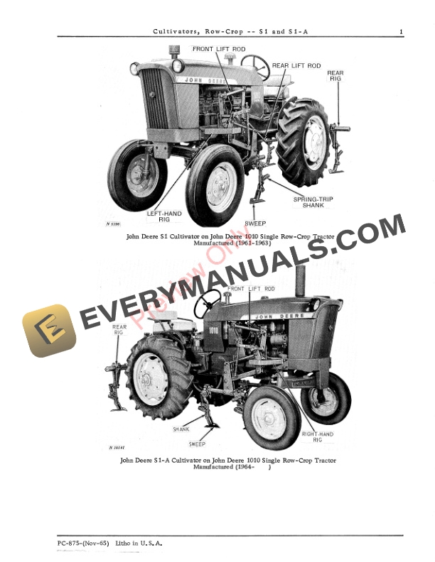 John Deere S1, S1A Row Crop Cultivator Parts Catalog PC875 01NOV65-3