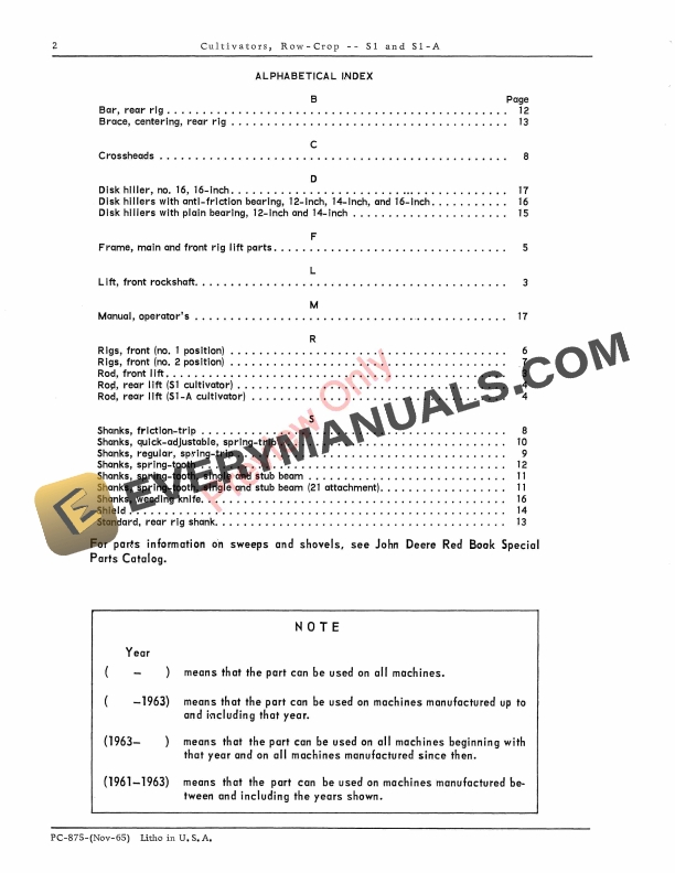 John Deere S1, S1A Row Crop Cultivator Parts Catalog PC875 01NOV65-4