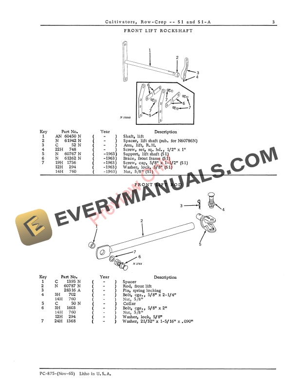 John Deere S1, S1A Row Crop Cultivator Parts Catalog PC875 01NOV65-5