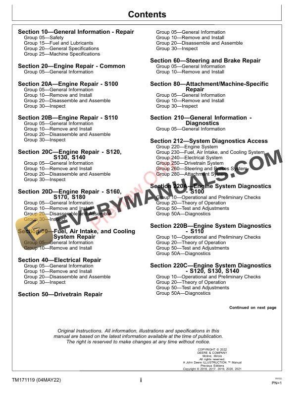 John Deere S100 S110 S120 S130 S140 S160 S170 and S180 Lawn Tractors 010001 Technical Manual TM171119 04MAY22 3