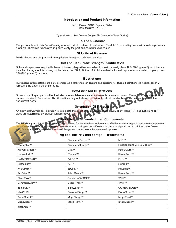 John Deere S160 Square Baler Parts Catalog PC3320 06MAY22-3