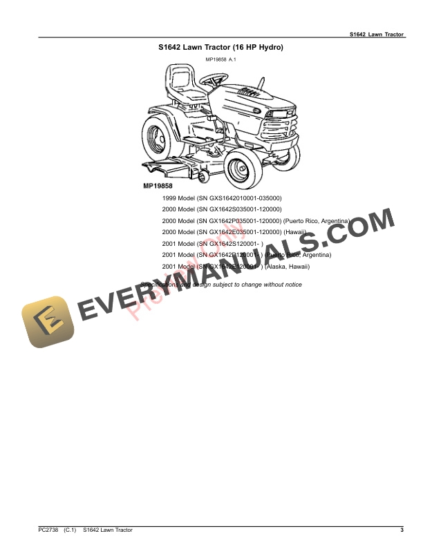 John Deere S1642 LAWN TRACTOR Parts Catalog PC2738 22DEC22 4 John Deere S1642 LAWN TRACTOR Parts Catalog PC2738 22DEC22-3
