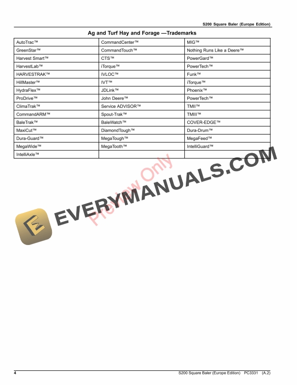 John Deere S200 Square Baler Parts Catalog PC3331 03AUG22-4