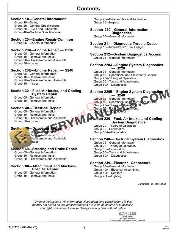 John Deere S220 010001 S240 880001 Riding Lawn Tractor Technical Manual TM171219 04MAY22 3