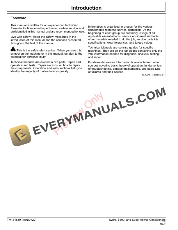 John Deere S250 S300 and S350 Mower Conditioners Repair Technical Manual TM161519 15NOV22 2
