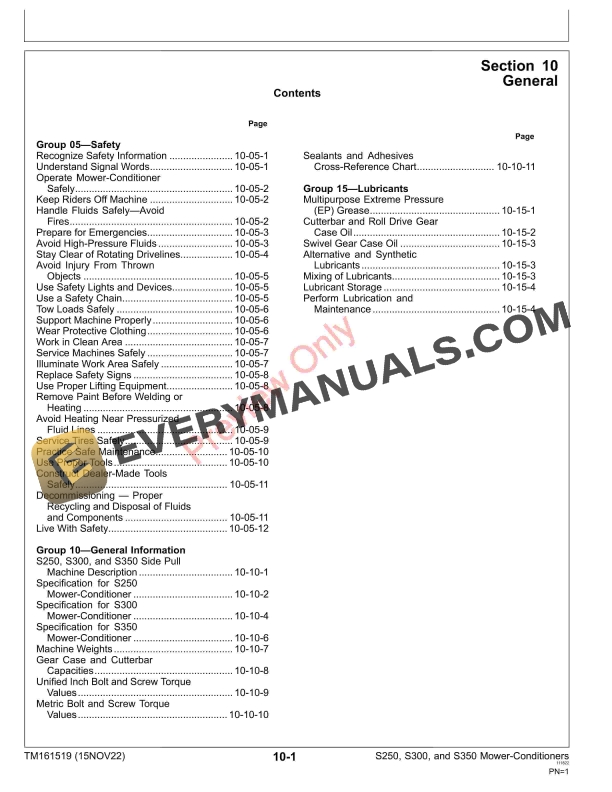 John Deere S250 S300 and S350 Mower Conditioners Repair Technical Manual TM161519 15NOV22 5