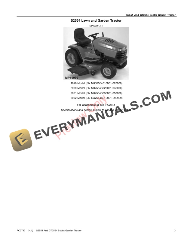 John Deere S2554 AND GT2554 SCOTTS GARDEN TRACTOR Parts Catalog PC2742 12MAY23-3