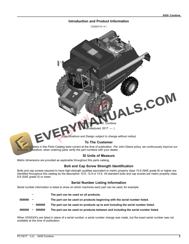 John Deere S430 Combine Parts Catalog PC13017 31AUG23-5