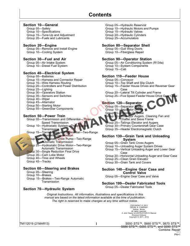 John Deere S550 S660 S670 S680 and S690 STS Combines Technical Manual TM112019 21MAR13 3