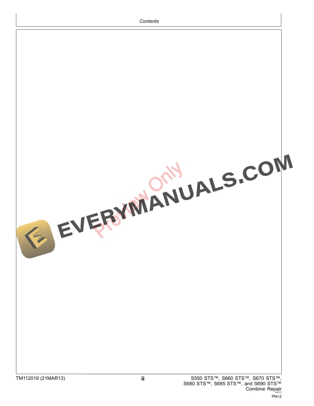 John Deere S550 S660 S670 S680 and S690 STS Combines Technical Manual TM112019 21MAR13 4