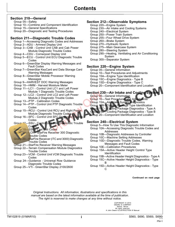 John Deere S560 S690 S560i S690i and HillMaster Combines Technical Manual TM102819 01MAR11 3