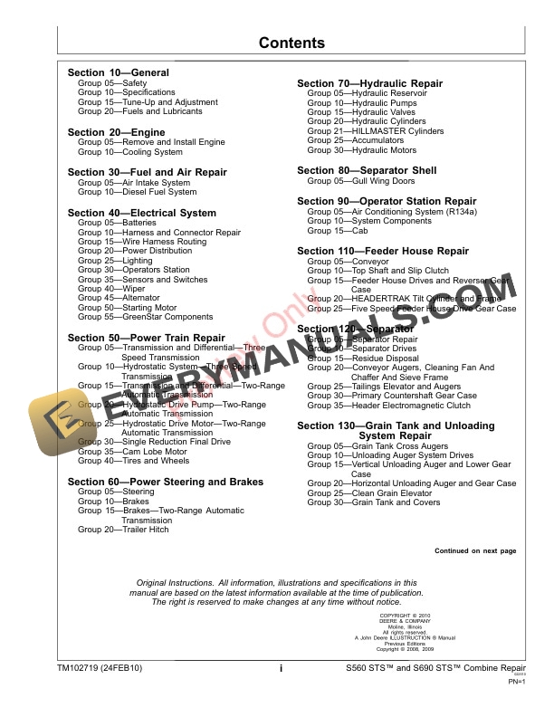 John Deere S560 STS S690 STS and S690 HILLMASTER STS Combines Technical Manual TM102719 08MAR11 3