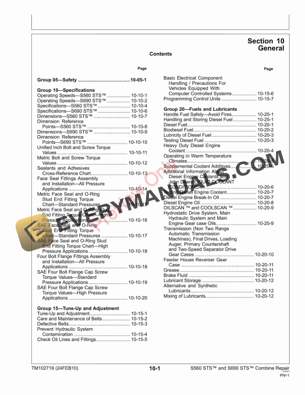 John Deere S560 STS S690 STS and S690 HILLMASTER STS Combines Technical Manual TM102719 08MAR11 5