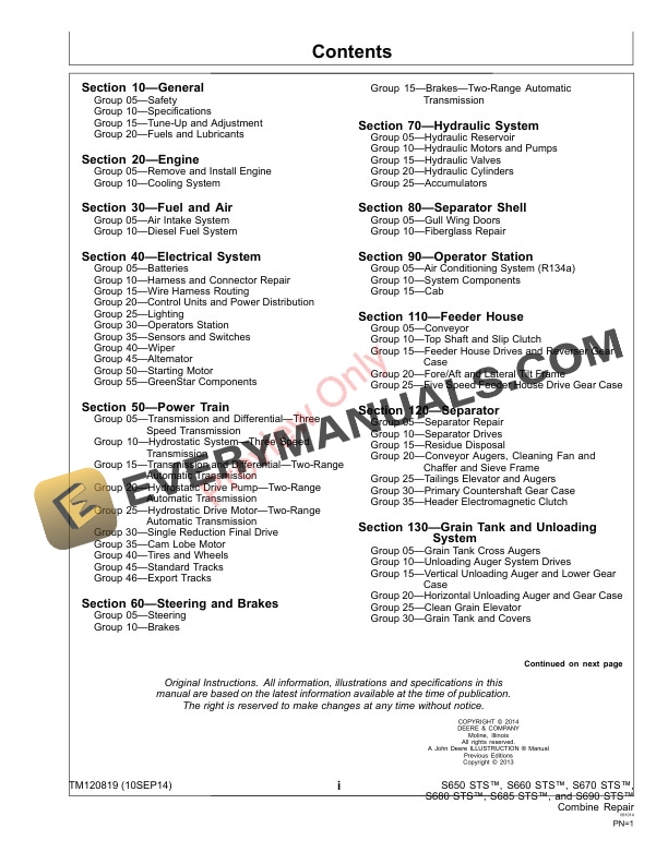 John Deere S650 STS S660 STS S670 STS S680 STS S685 STS and S690 STS Combine Repair 765001 Technical Manual TM120819 10SEP14 3