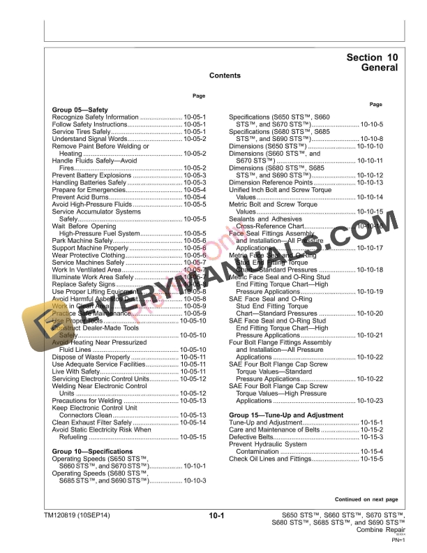 John Deere S650 STS S660 STS S670 STS S680 STS S685 STS and S690 STS Combine Repair 765001 Technical Manual TM120819 10SEP14 5