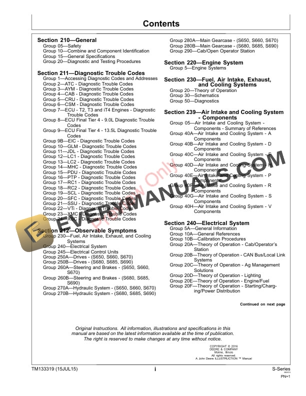 John Deere S650 STS S660 STS S670 STS S680 STS S685 STS and S690 STS Combines Diagnostic Technical Manual TM133319 15JUL16 3