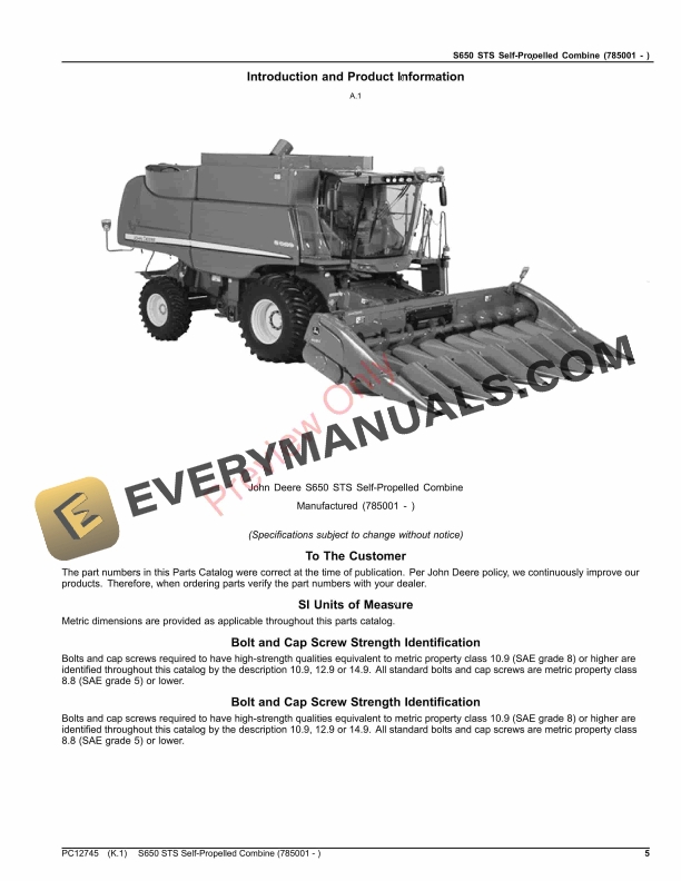 John Deere S650 STS Self-Propelled Combine (785001 – ) Parts Catalog PC12745 19NOV23-5