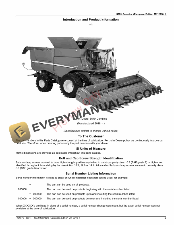 John Deere S670 Combine (European Edition, S.N. 100000- ) Parts Catalog PC4979 12NOV23 6 John Deere S670 Combine (European Edition, S.N. 100000- ) Parts Catalog PC4979 12NOV23-5