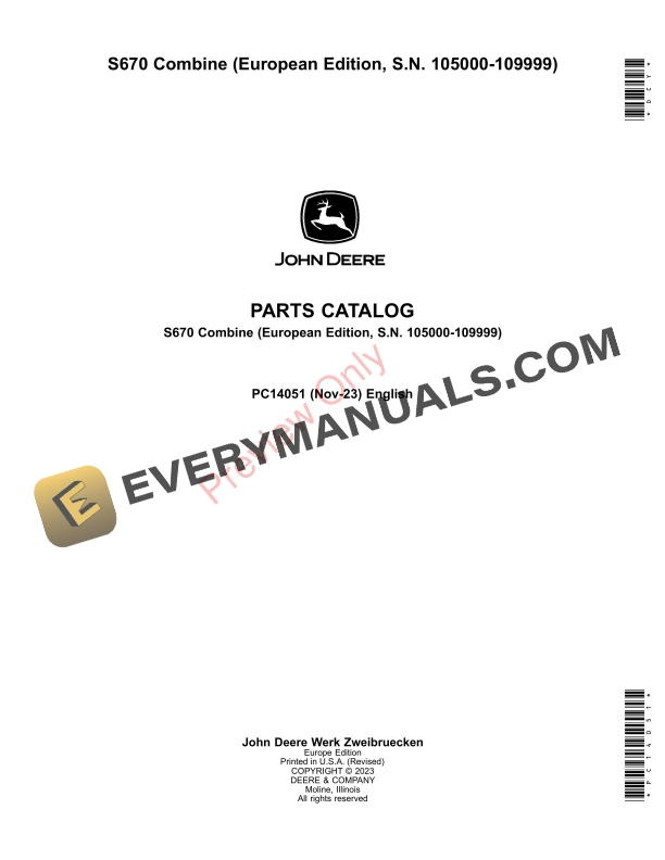 John Deere S670 Combine Parts Catalog PC14051 12NOV23-1