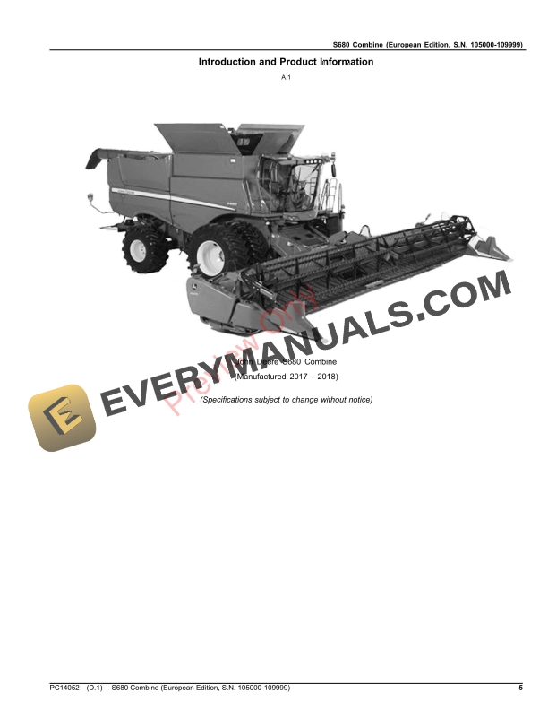 John Deere S680 Combine Parts Catalog PC14052 22OCT23-5