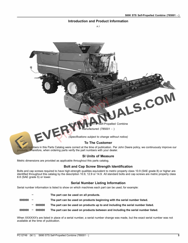 John Deere S690 STS Self-Propelled Combine (785001 - ) Parts Catalog PC12749 12NOV23 6 John Deere S690 STS Self-Propelled Combine (785001 – ) Parts Catalog PC12749 12NOV23-5