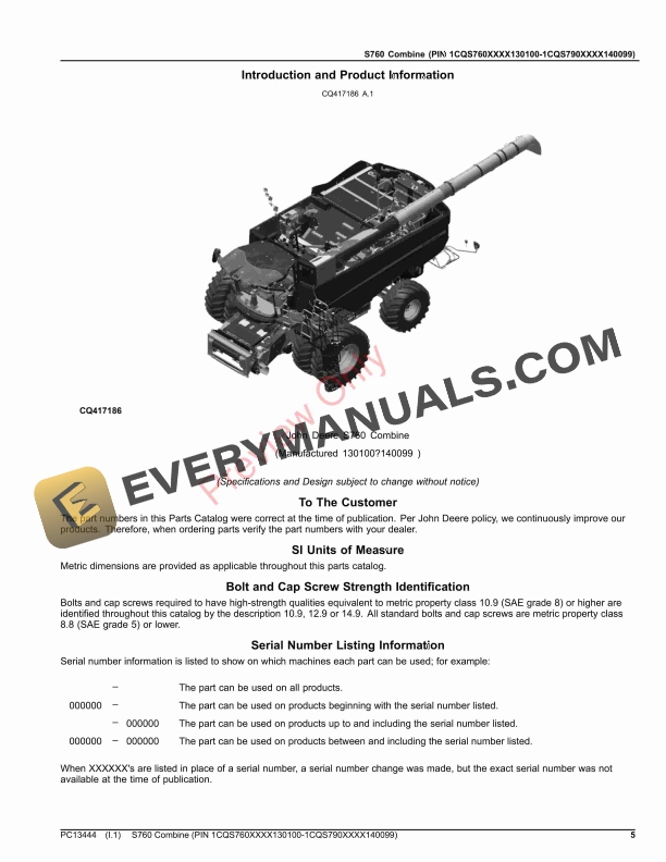 John Deere S760 Combine (PIN 1CQS760XXXX130100-1CQS790XXXX140099) Parts Catalog PC13444 09OCT23-5