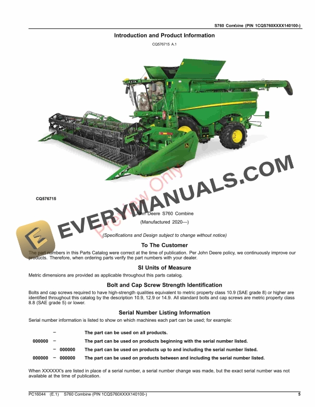 John Deere S760 Combine (PIN 1CQS760XXXX140100-) Parts Catalog PC16044 12MAY23-5