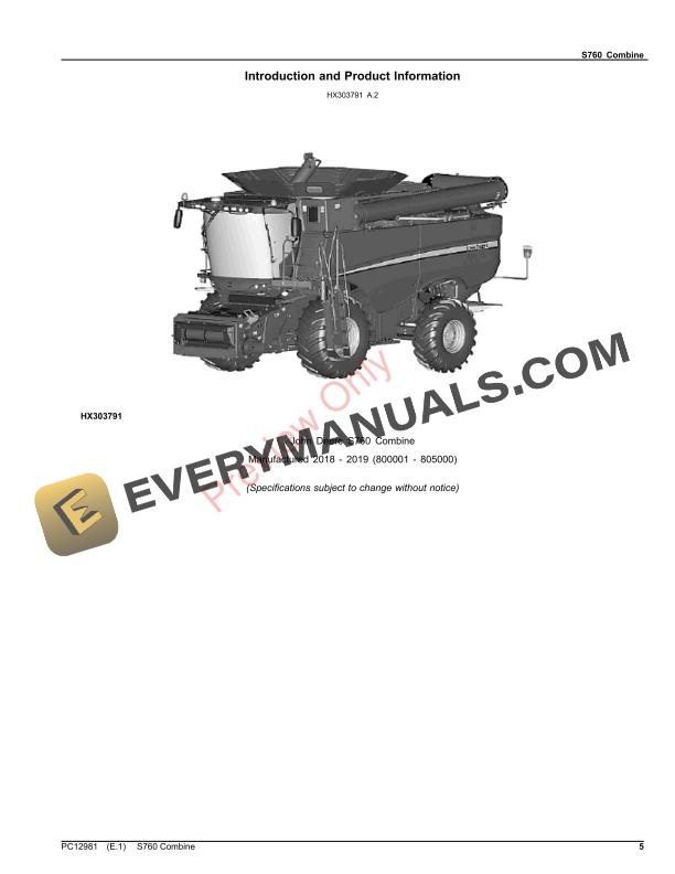 John Deere S760 Combine (PIN 1H0S760XXXX800001 Parts Catalog PC12981 07NOV23-5