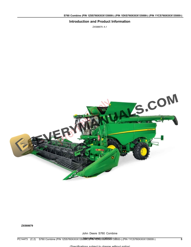 John Deere S760 Combine (PIN 1Z0S760XXXX135000 Parts Catalog PC14473 05NOV23-5