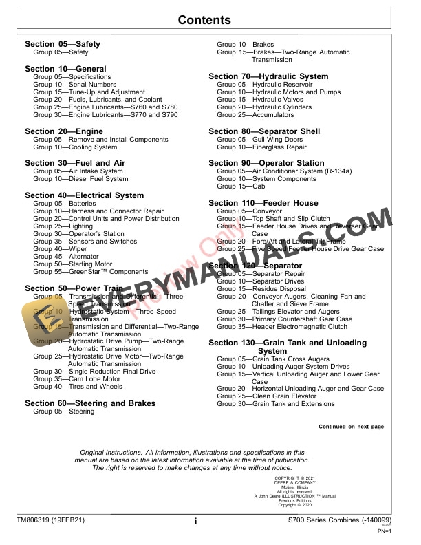 John Deere S760 S770 S780 and S790 Combines Repair Technical Manual TM806319 19FEB21 3