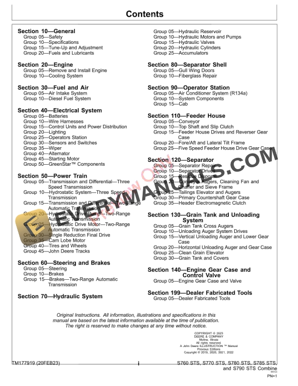 John Deere S760 STS S770 STS S780 STS S785 STS and S790 STS Combine 135000 Repair Technical Manual TM177919 20FEB23 5
